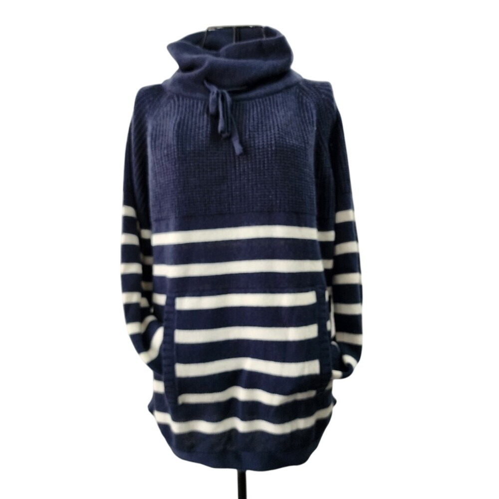Emery Rose Sweater Women Large Navy Blue Striped Cowl Neck Nautical Cozy Pocket